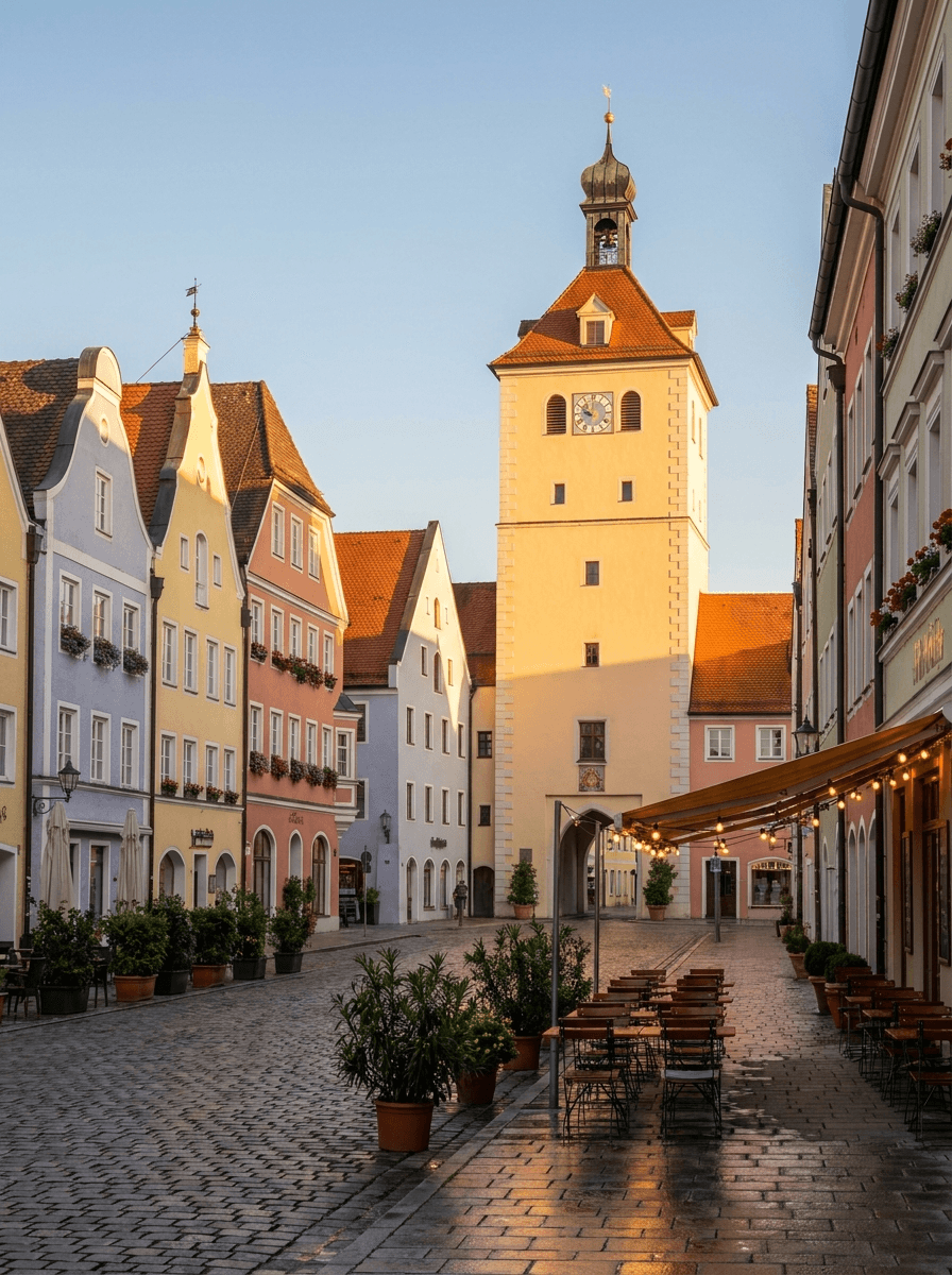 Erdinger Altstadt mit dem Schönen Turm im Abendlicht