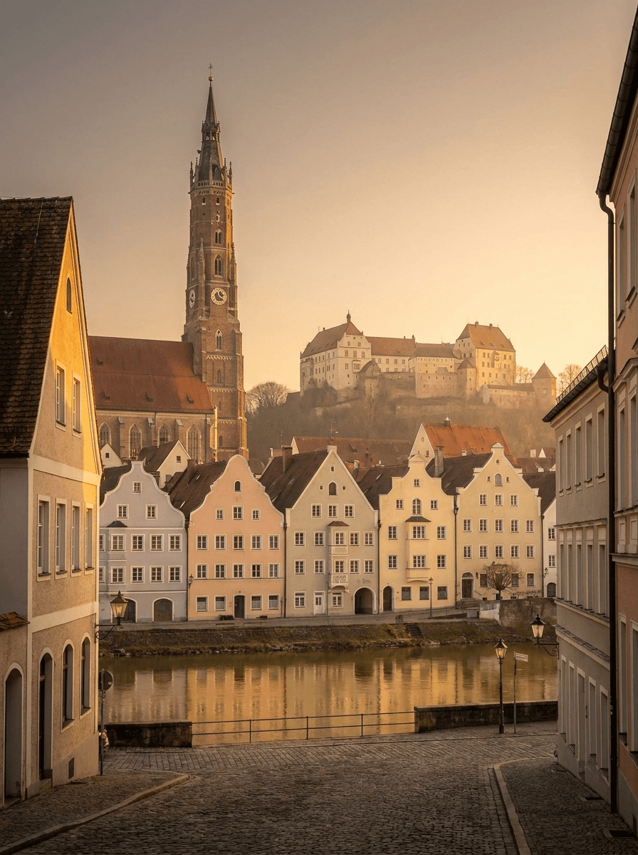 Landshuter Altstadt mit Burg Trausnitz im Abendlicht