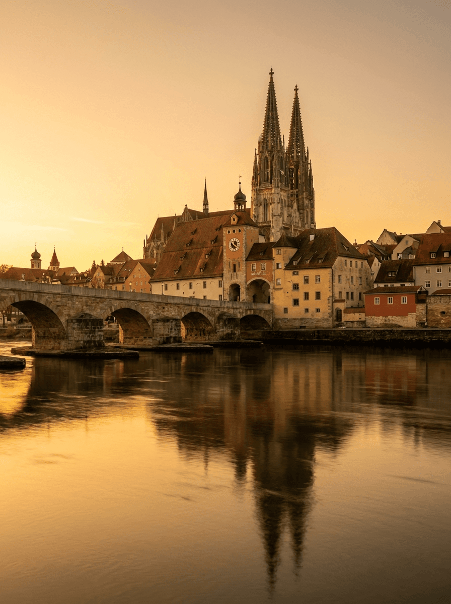 Regensburg mit Steinerner Brücke und Dom an der Donau