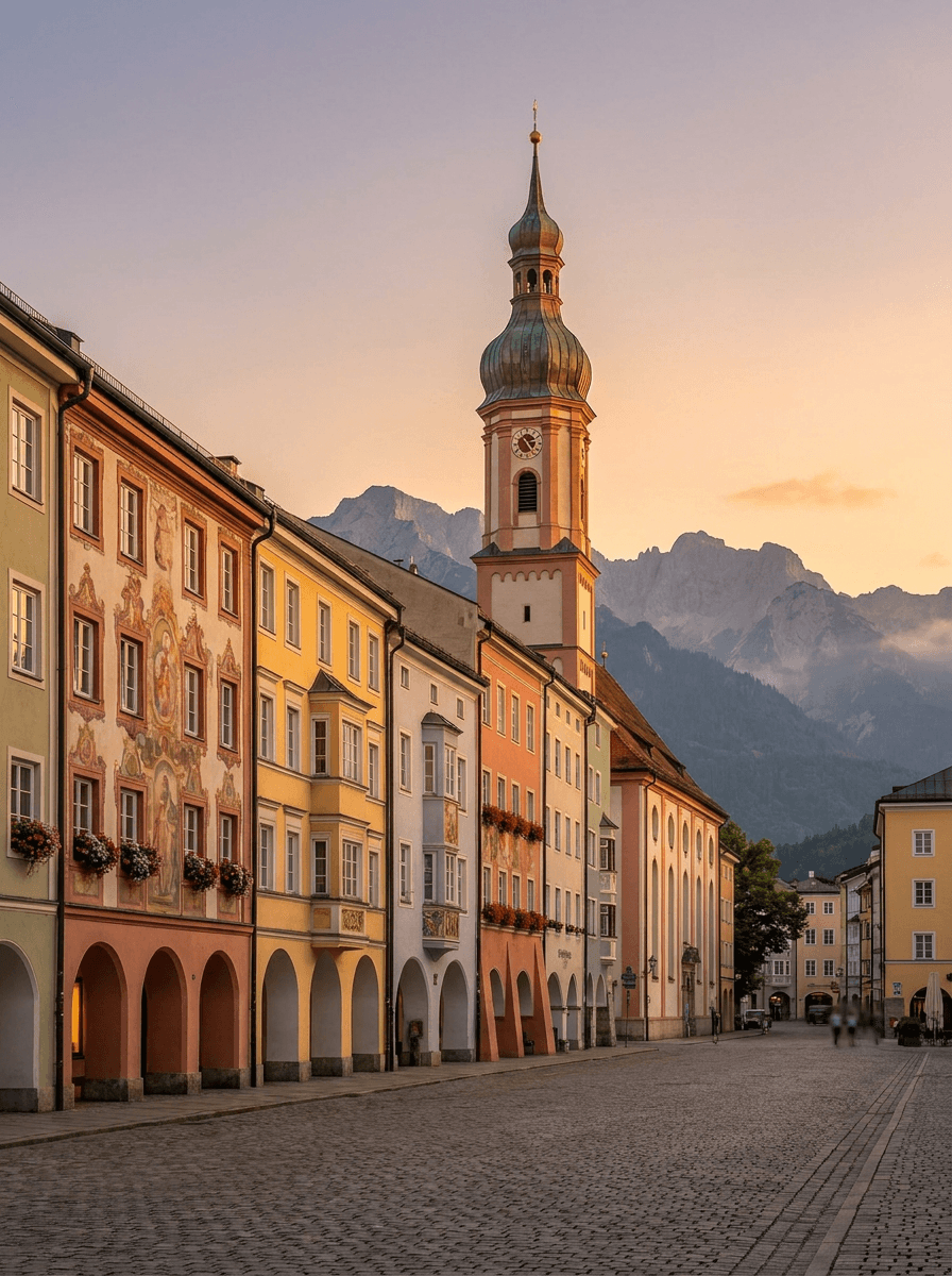 Rosenheimer Altstadt mit Alpenpanorama im Abendlicht